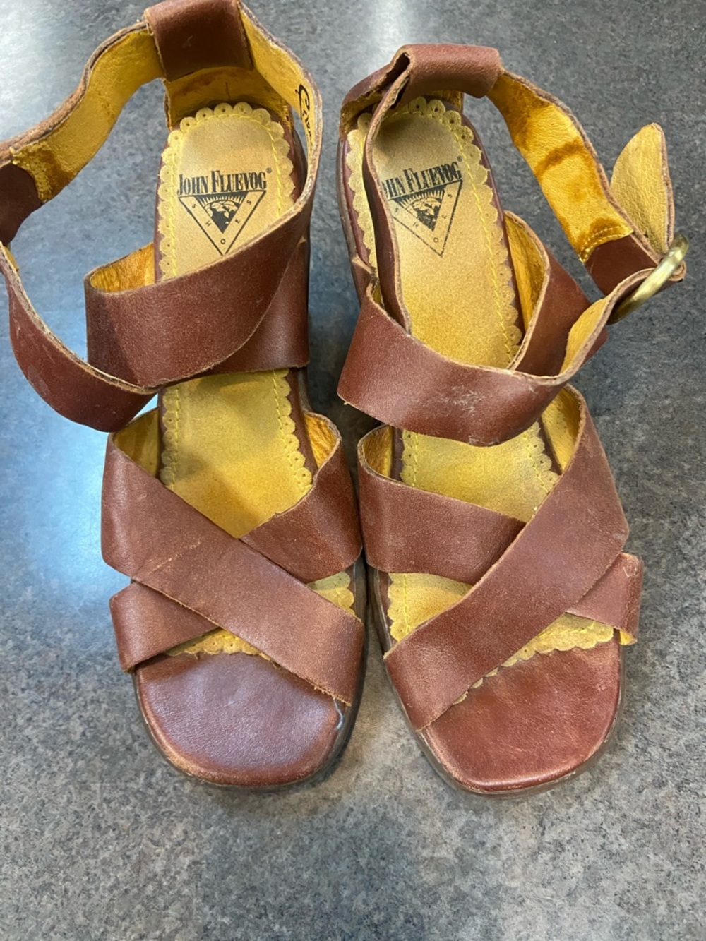 John Fluevog Brown Leather Crisscross Ankle-Strap Sandals